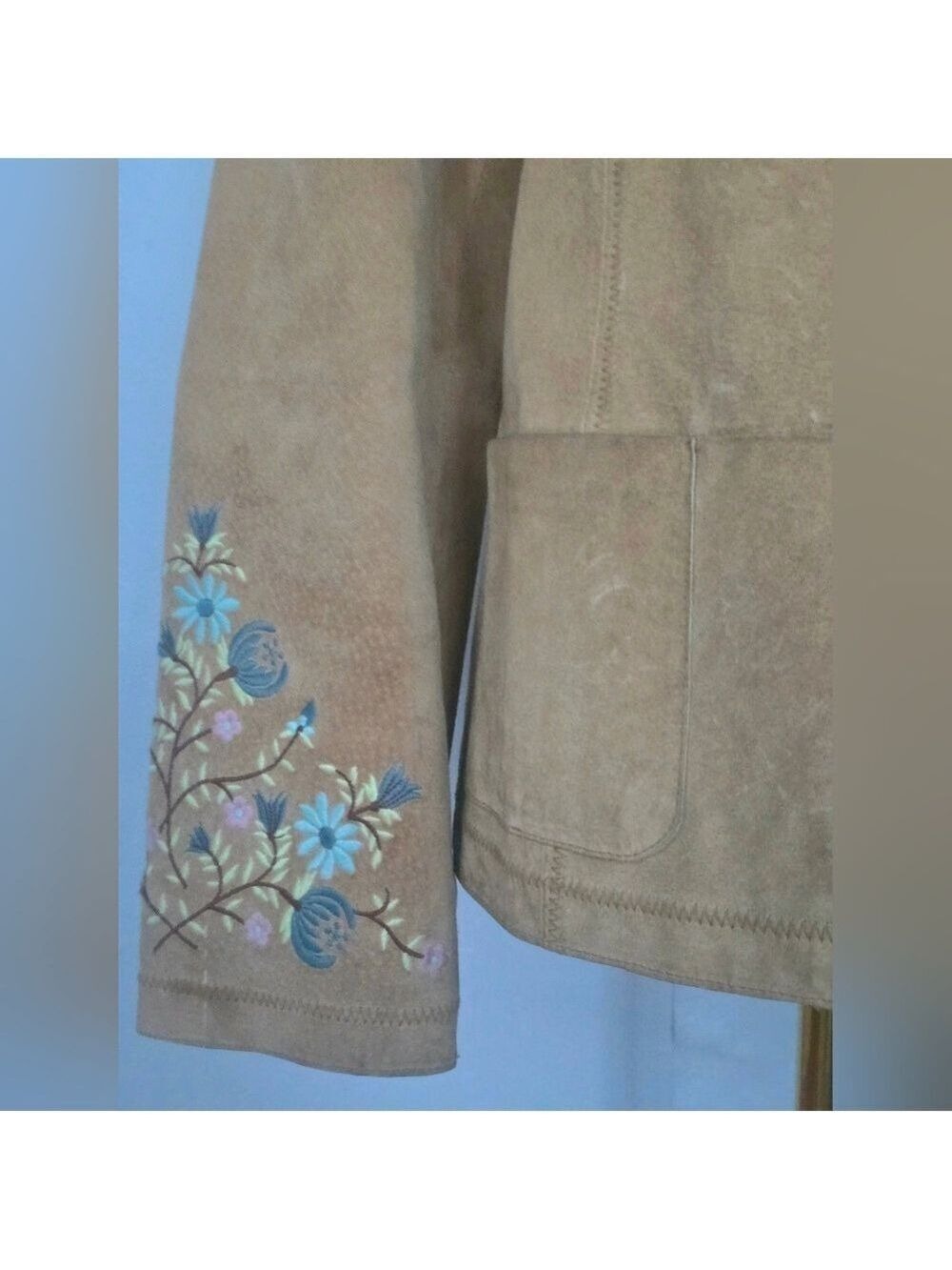Tan Suede Floral Embroiderd Cuff Blazer Jacket Size M - Picture 6 of 15